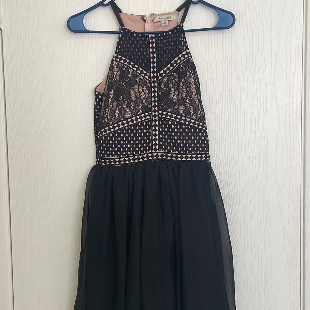 Francesca’s black chiffon and lace dress